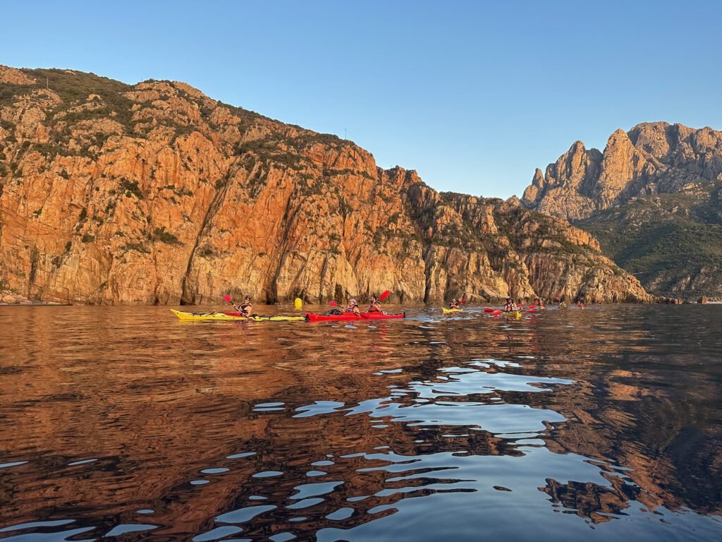 Groupe en kayak de mer en Corse, loin des nids pour respecter la règlementation